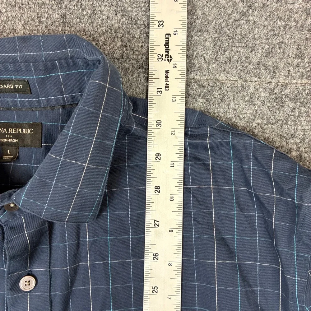 Banana Republic Mens Size Large Navy Blue Windowpane Plaid Non-Iron Dress Shirt